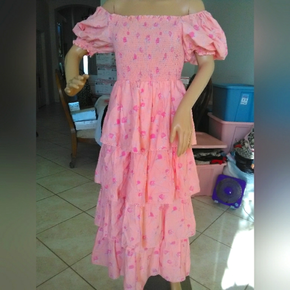 BNWOT LOVE SHACK FANCY MAXI TIERED PINK DRESS W/ FLOWERS BY LOVESHACKFANCY SZ XS